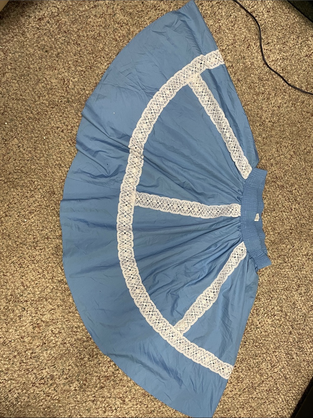 Vintage square dancing ultra full Blue Circle Skirt with White Lace Trim